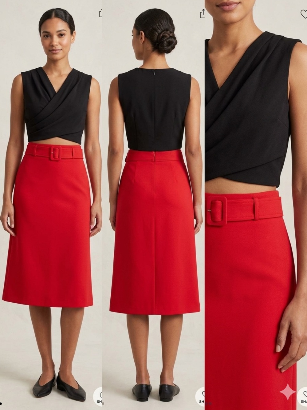 Banana Republic Black Top (XS) with Halogen Red Belted Midi Skirt (0)